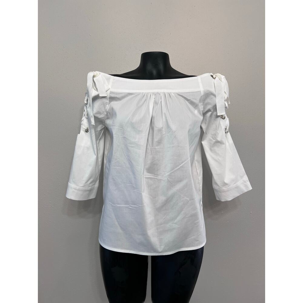 New York &Co White Top Off Shoulder Tie Sleeve Sz XS Coastal nautical Beach NWT